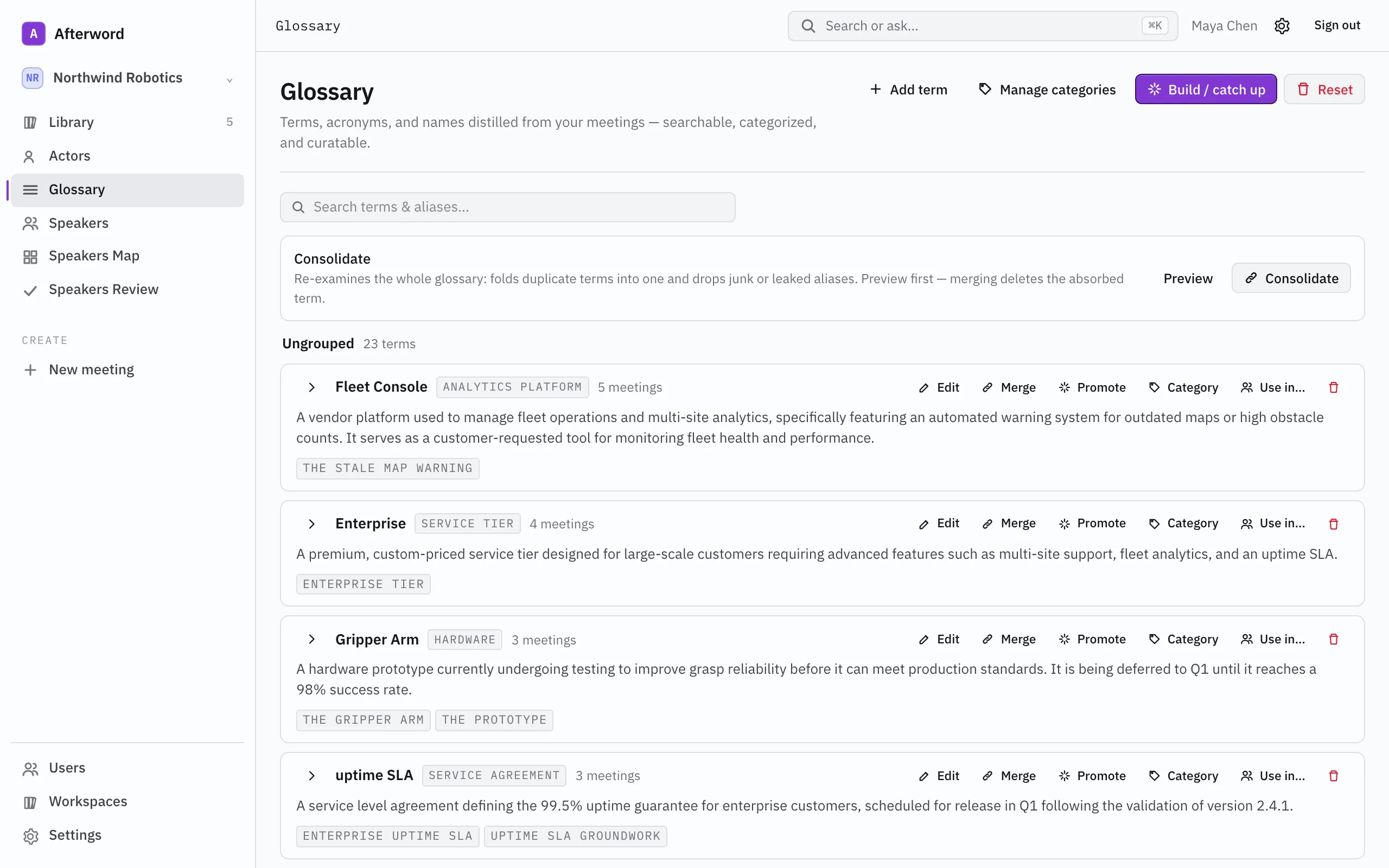 Afterword glossary: terms distilled from the meetings, with categories and meeting counts