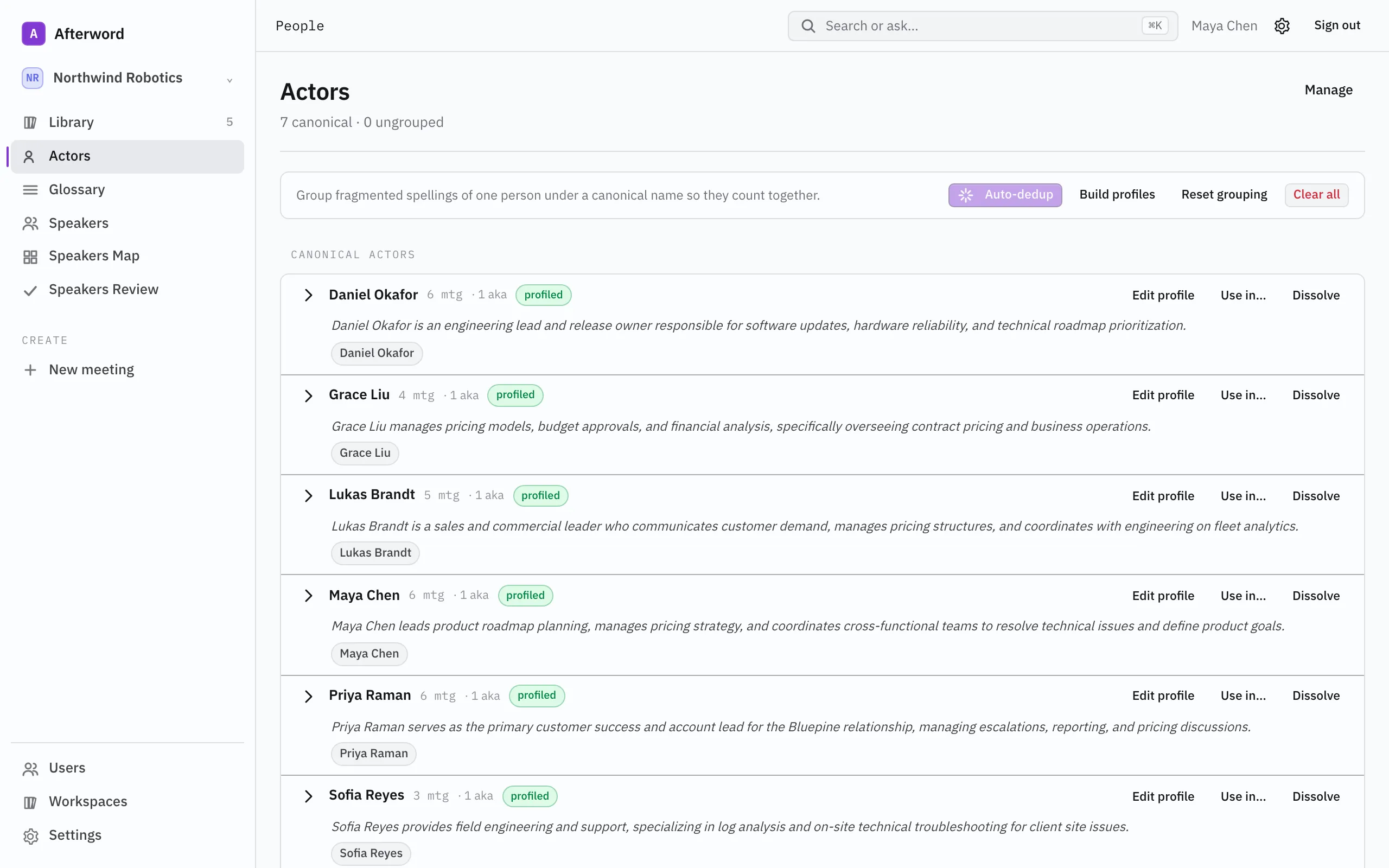 Afterword people view: everyone across the workspace, each with an AI-written profile
