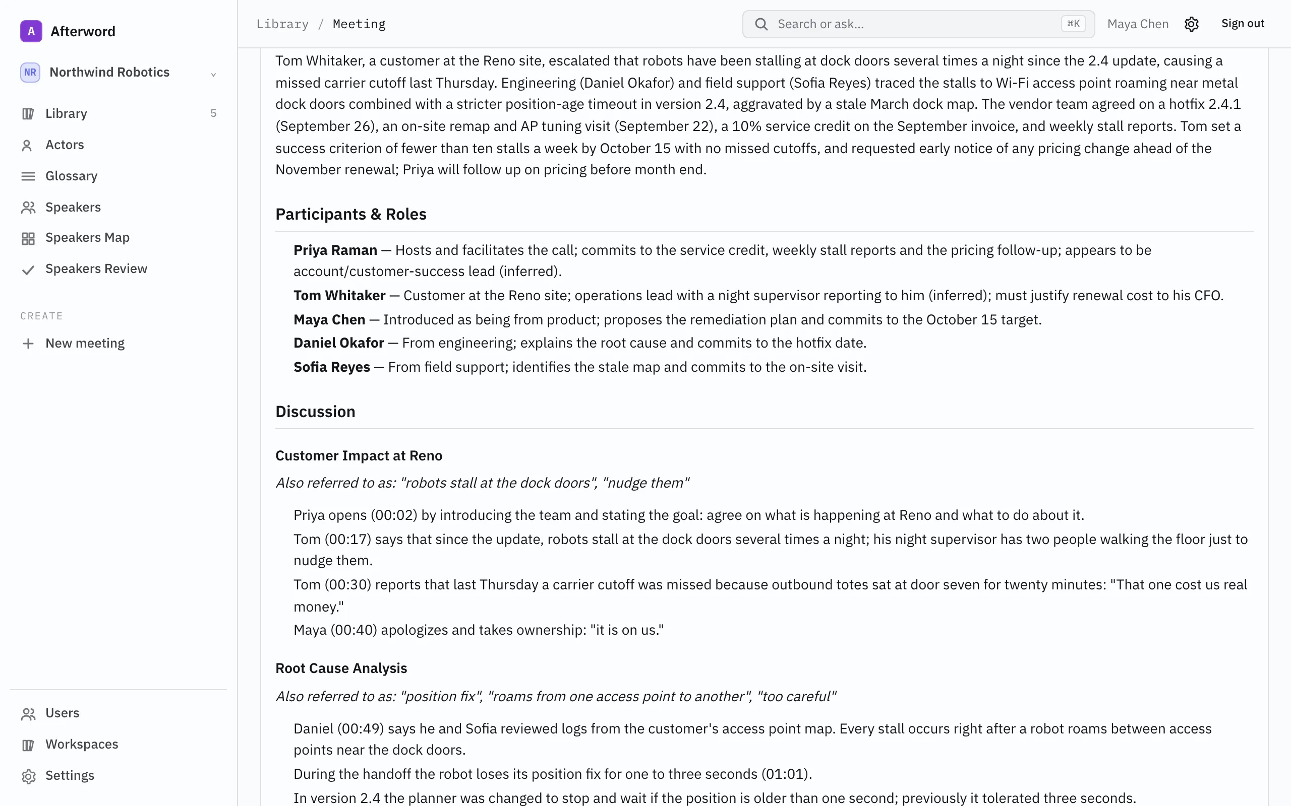 Afterword meeting analysis: executive summary, participants and roles, and the discussion by topic