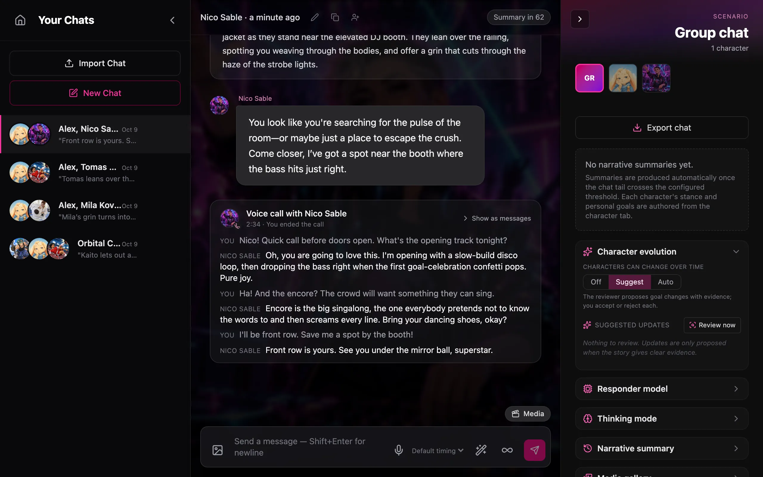 Castwright chat with the transcript of a finished voice call with a character