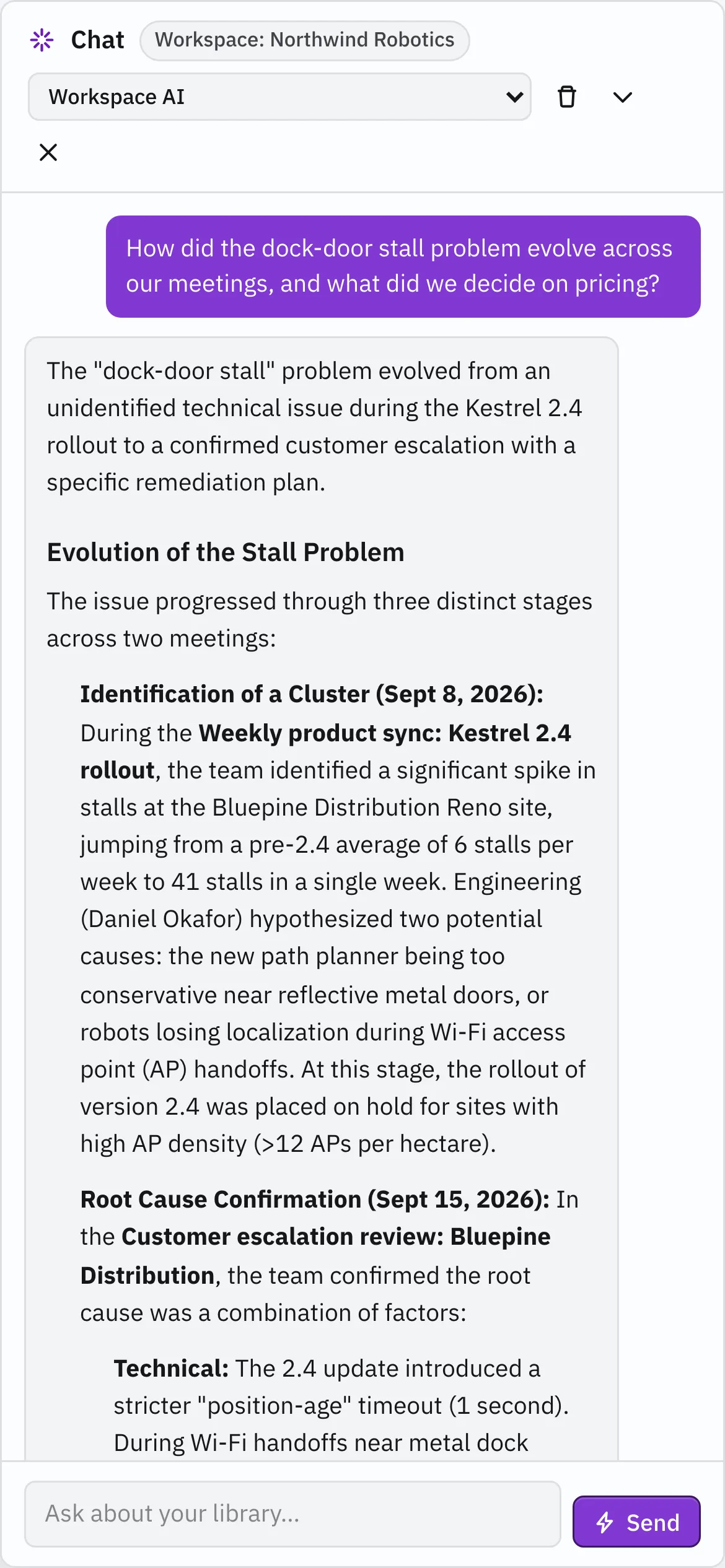 Afterword on a phone: a question about how a problem evolved across meetings, answered with the meetings cited inline