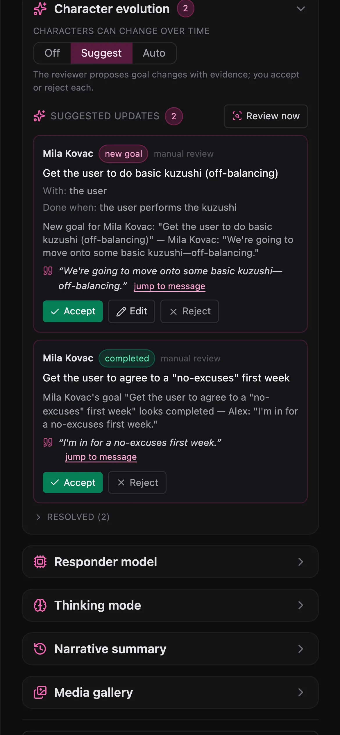 Castwright on a phone: suggested character updates waiting to be accepted or rejected