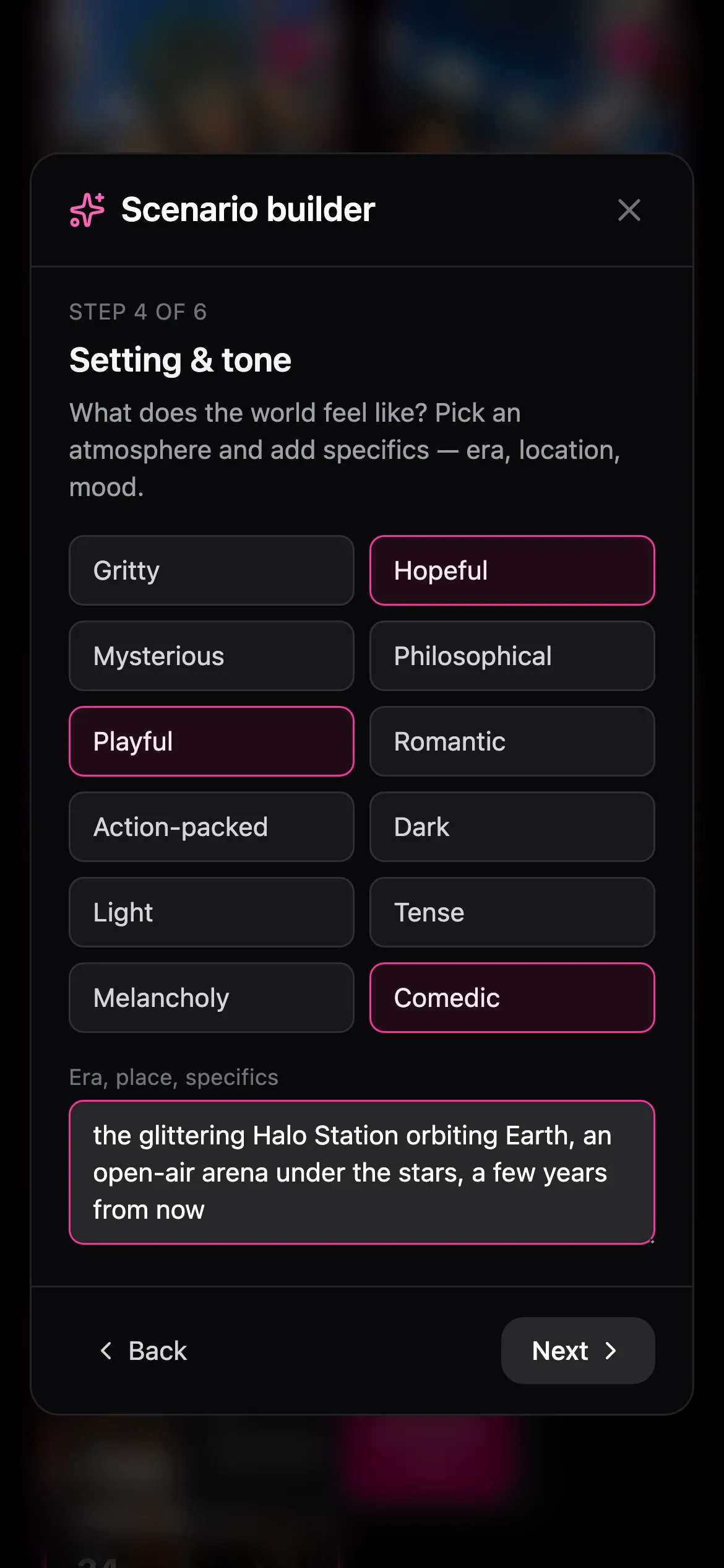 Castwright scenario builder on a phone: choosing the setting and tone